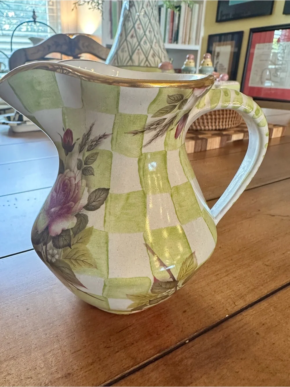 Mackenzie Childs Sweet Pea honeymoon green Ceramic Pitcher 5” retired Excellent